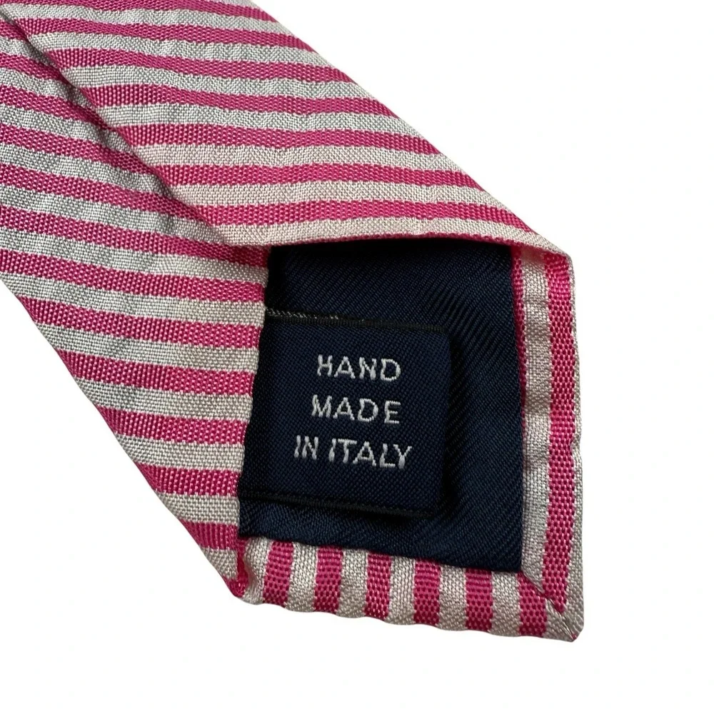 Polo Ralph Lauren Pink White Stripe Silk Seersucker Tie Handmade Italy‎